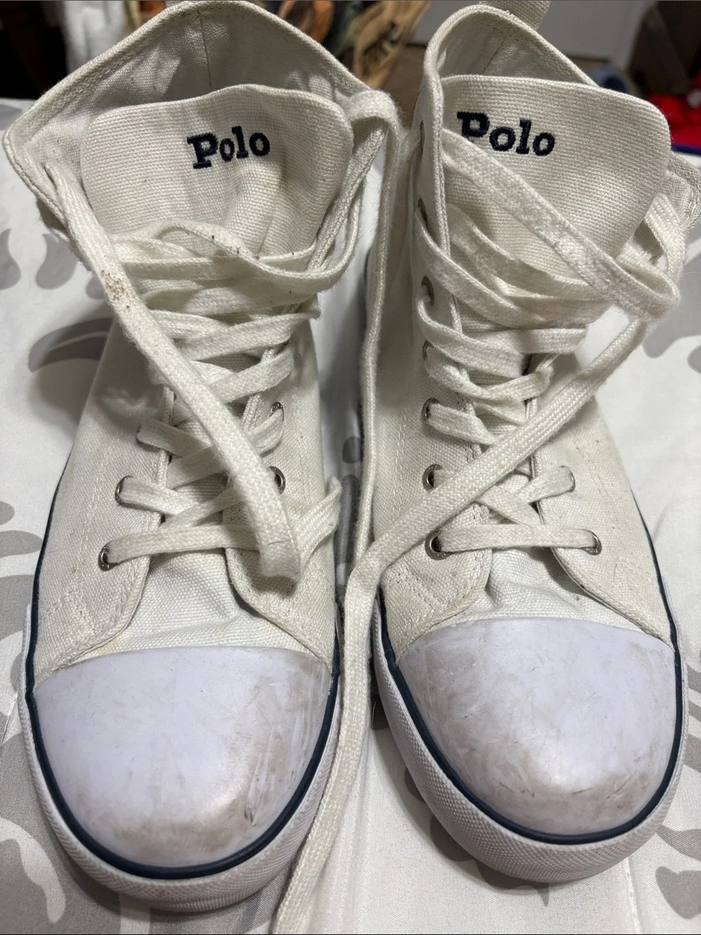 Polo by Ralph Lauren White High-Top Canvas Sneakers with Navy Trim